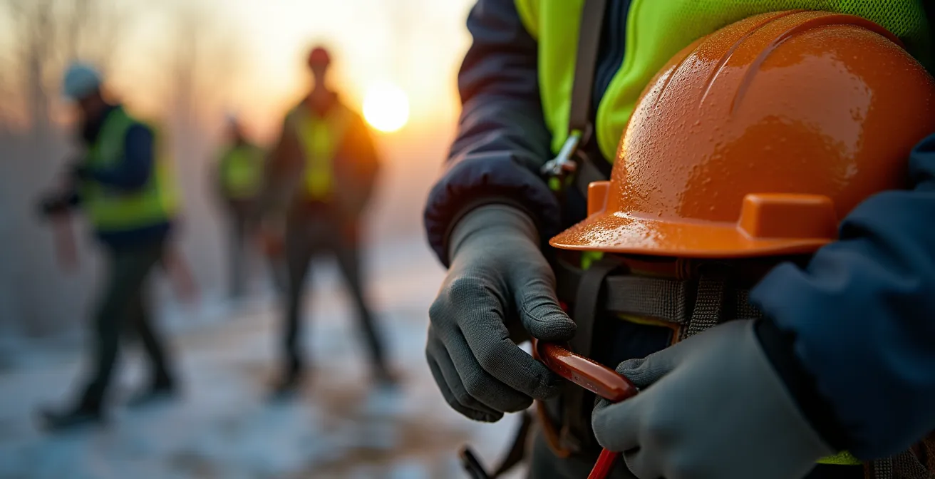 Équipe de construction en formation sécurité hivernale avec équipements de protection