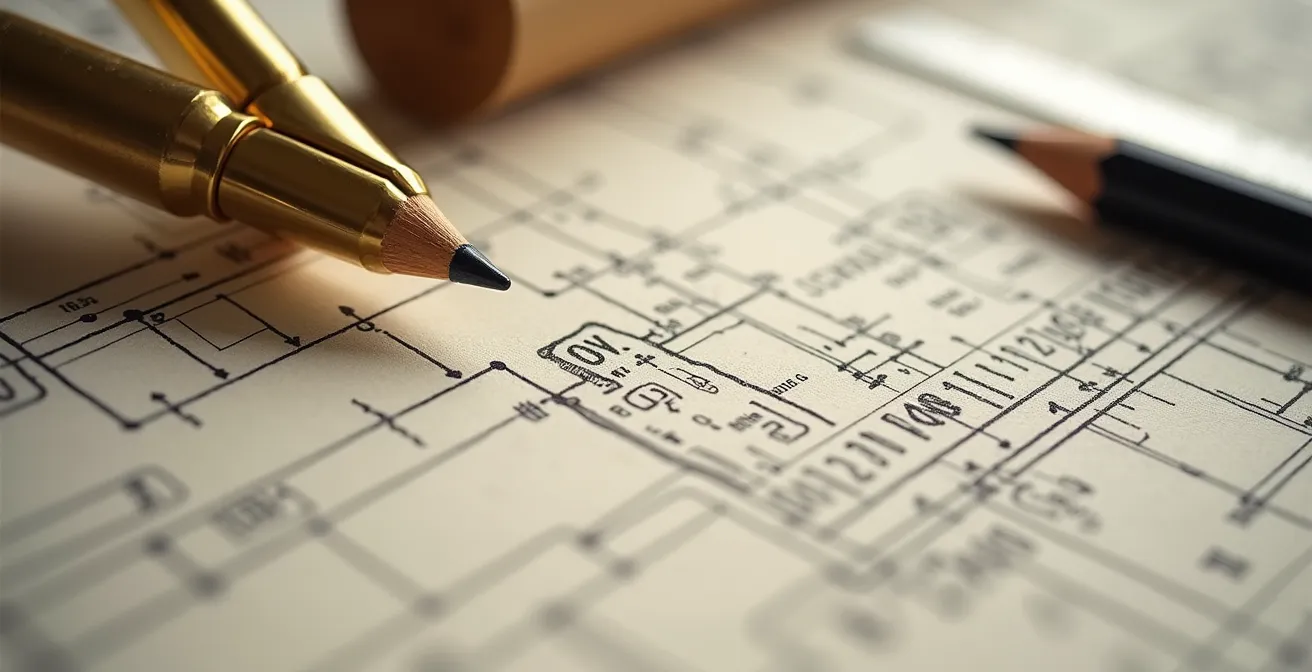 Gros plan sur des symboles électriques dessinés sur un plan architectural avec compas et règle