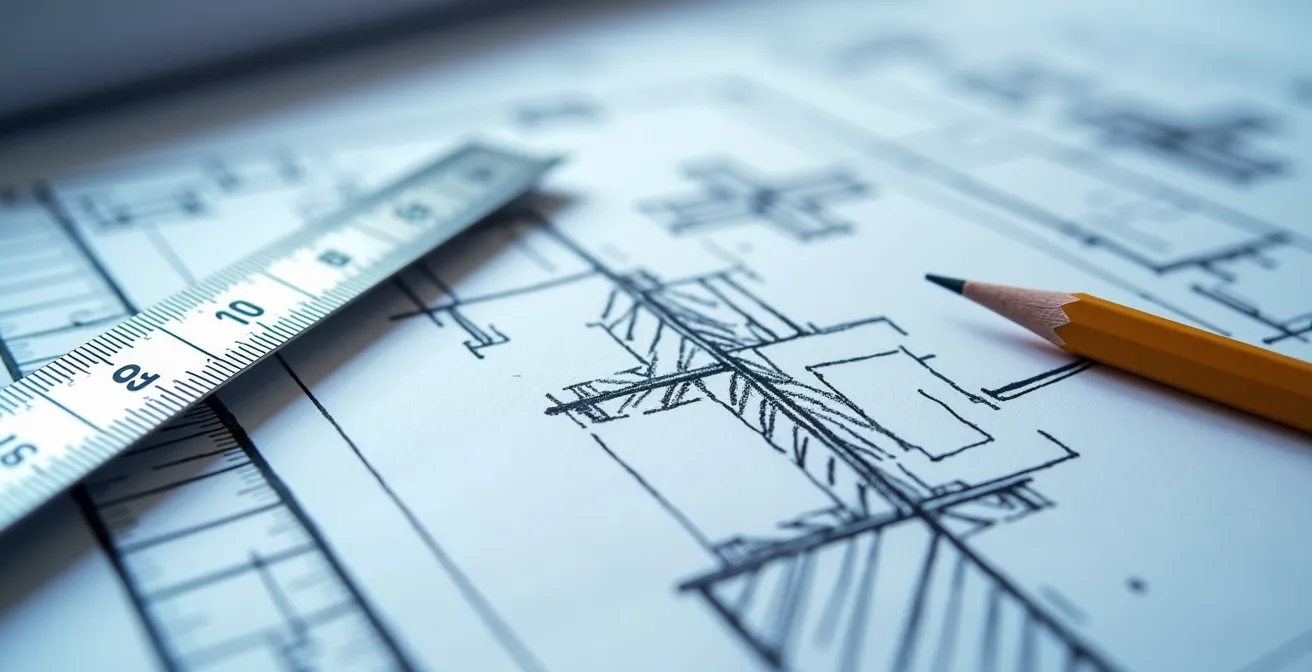 Vue macro détaillée de symboles et hachures sur un plan de construction
