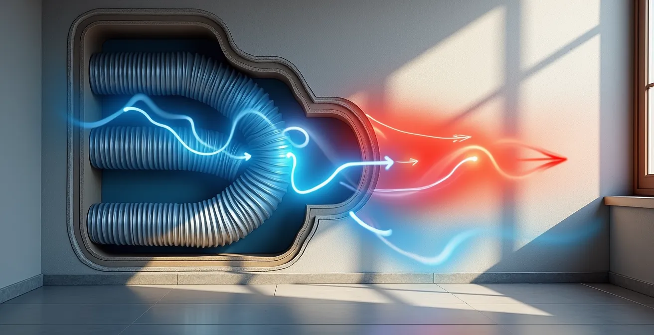 Vue latérale d'un système de ventilation avec conduits dans les murs d'une maison