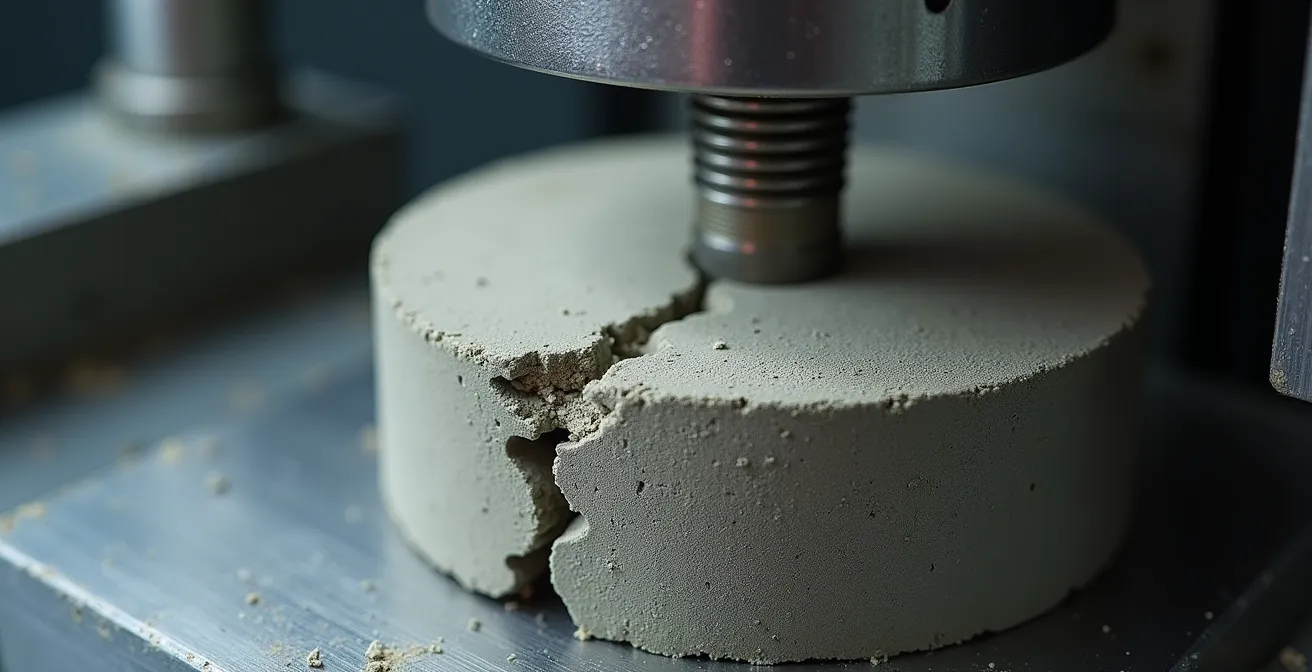 Gros plan macro sur un échantillon de béton en cours de test de compression avec texture détaillée visible
