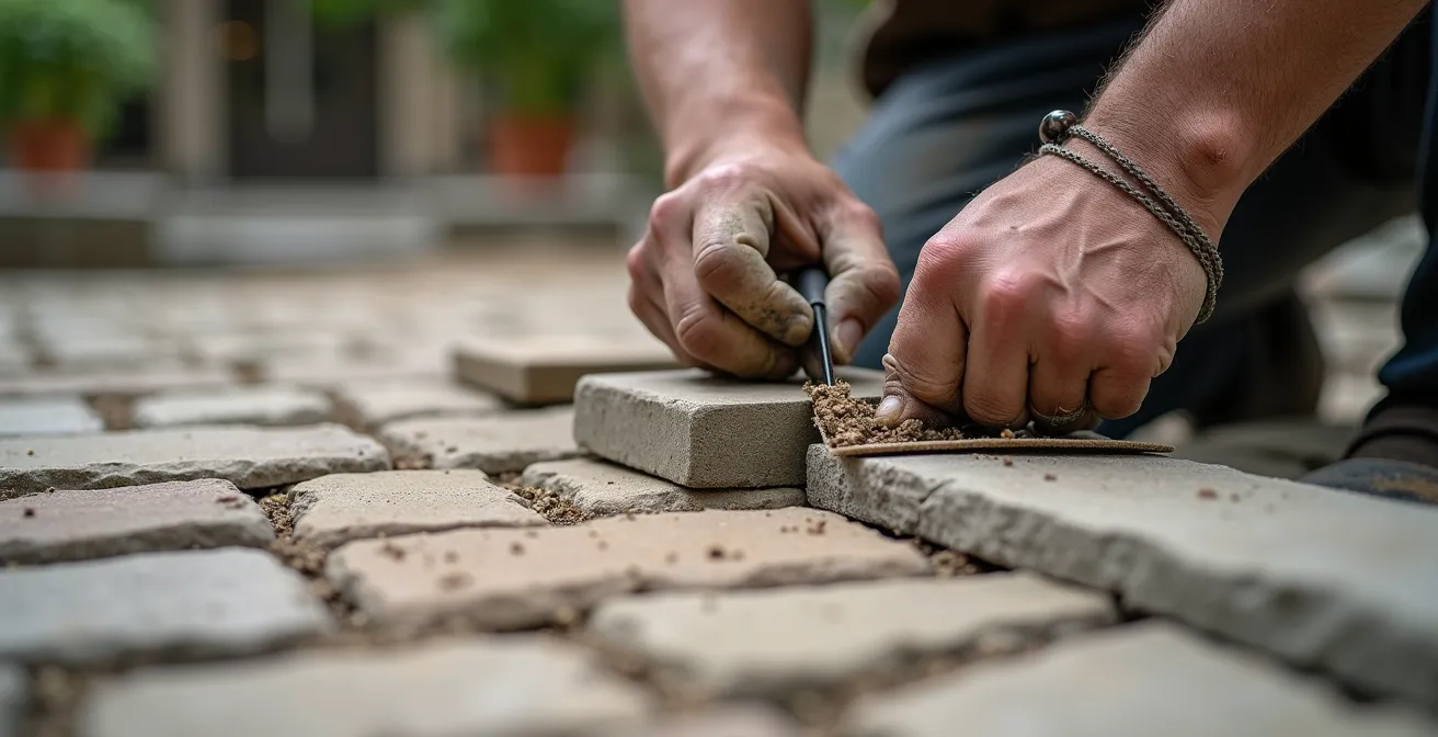 Mains expertes utilisant un cordeau et un niveau pour aligner des pavés avec précision