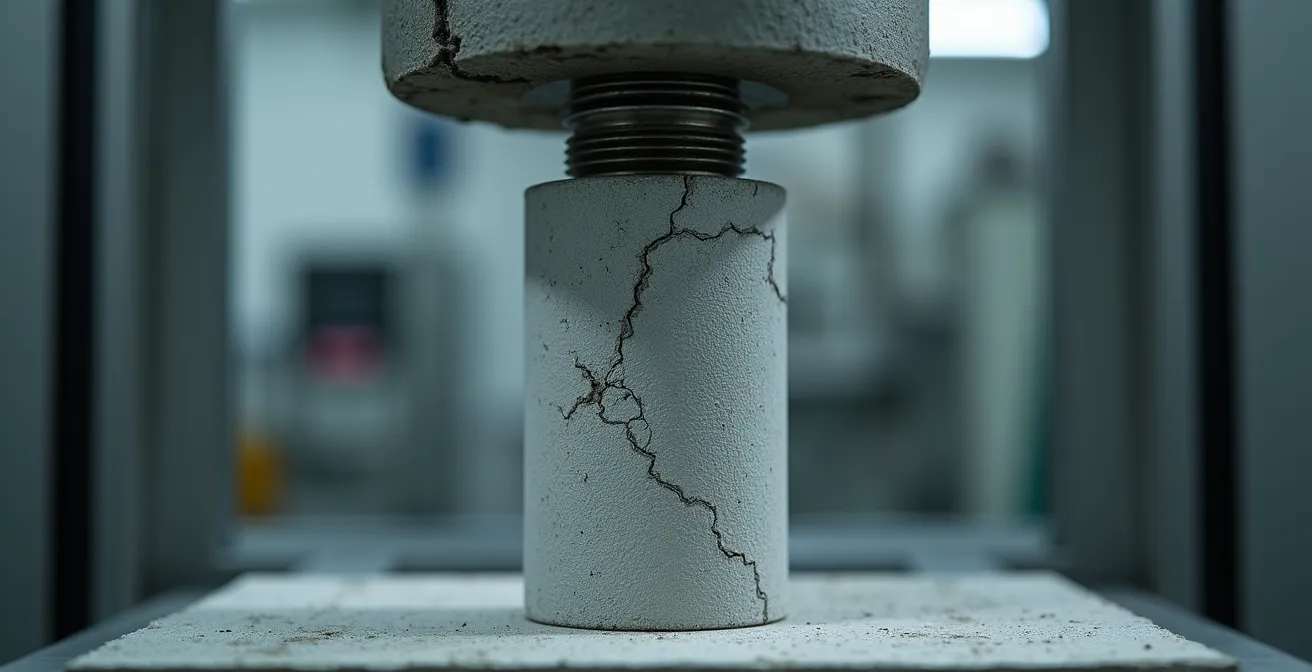 Ingénieur analysant un cylindre de béton dans une machine de compression en laboratoire avec équipements de test visibles