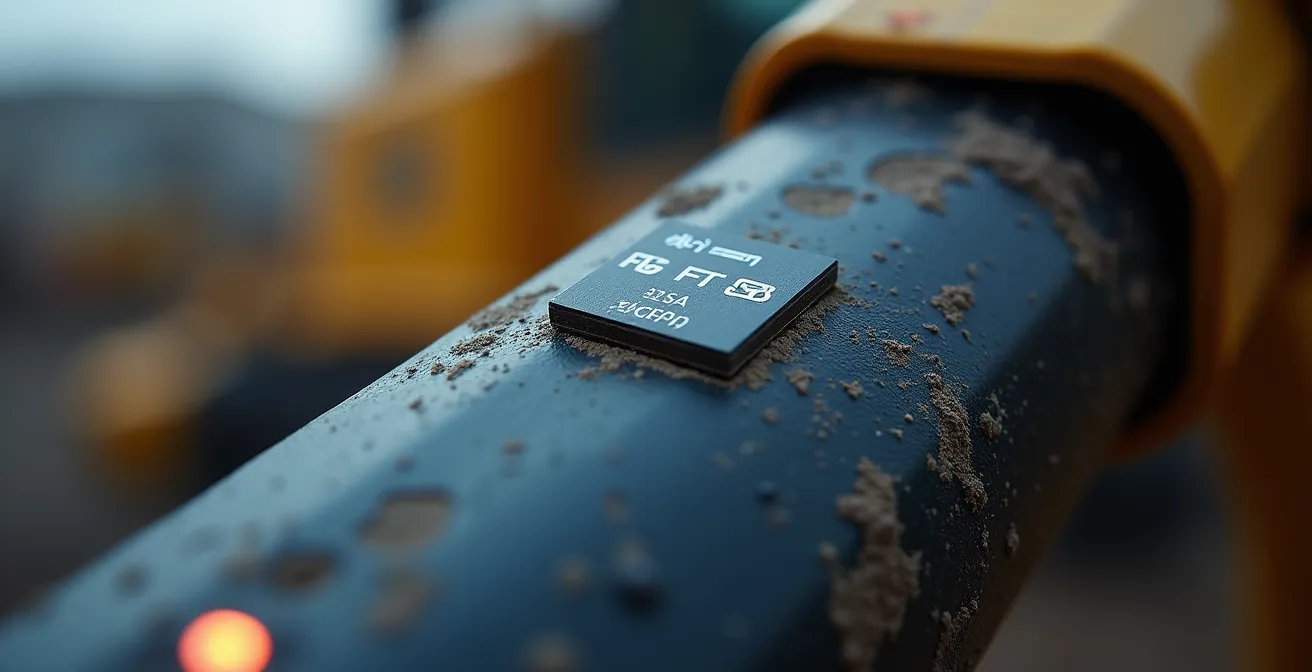 Gros plan sur une étiquette RFID fixée à un équipement de construction avec signal numérique visualisé