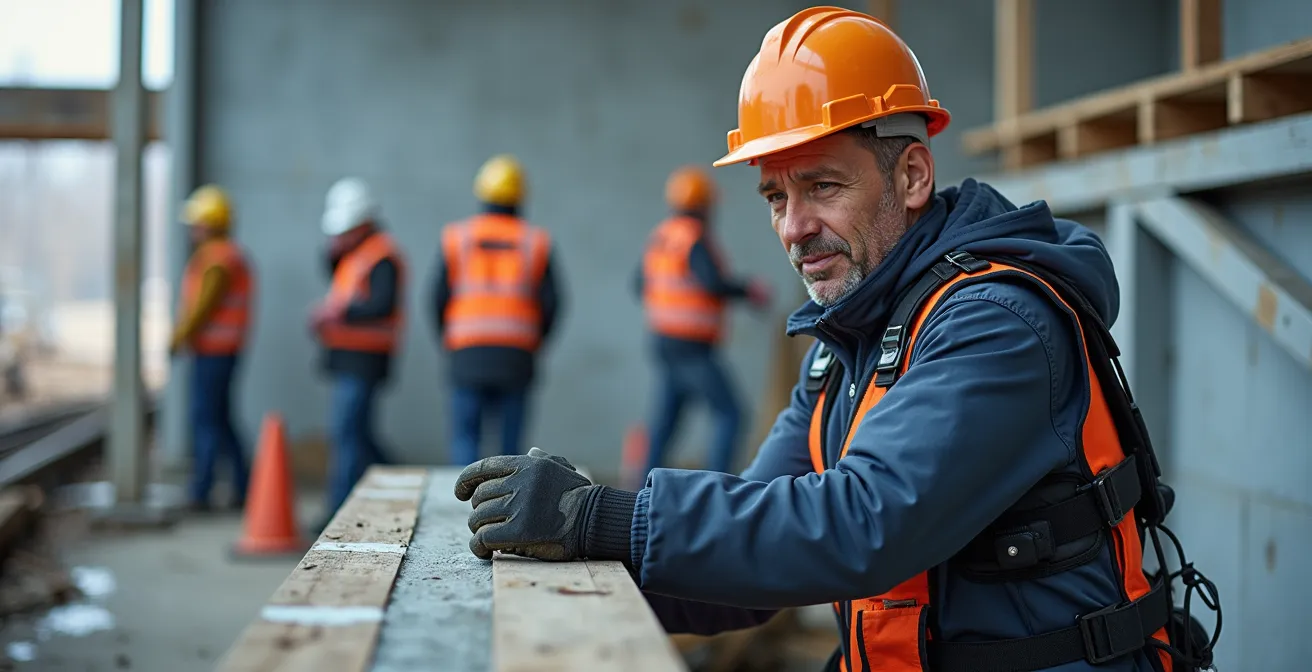 Travailleur de la construction portant un exosquelette de support lombaire sur un chantier québécois