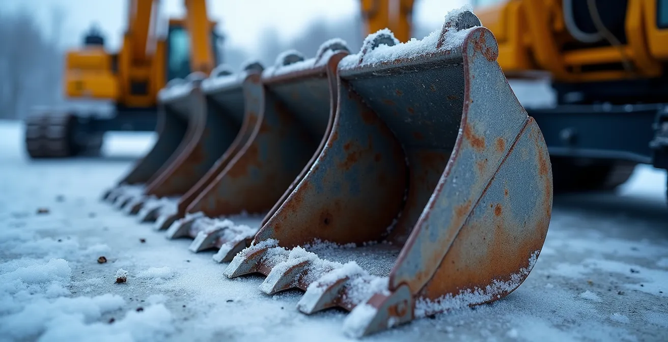 Gros plan sur différents types de godets pour conditions hivernales disposés sur sol enneigé