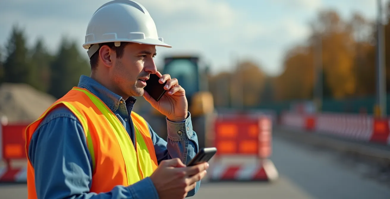 Travailleur de la construction avec équipement de sécurité utilisant un téléphone sur chantier