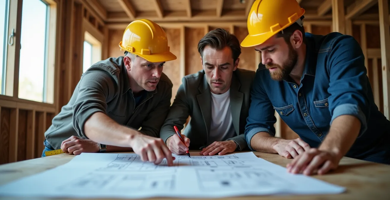 Équipe de construction vérifiant les incohérences sur des plans techniques