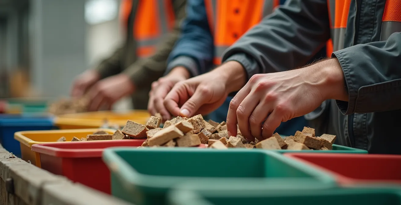 Zone de tri organisée sur un chantier avec signalisation claire et bacs colorés pour différents matériaux