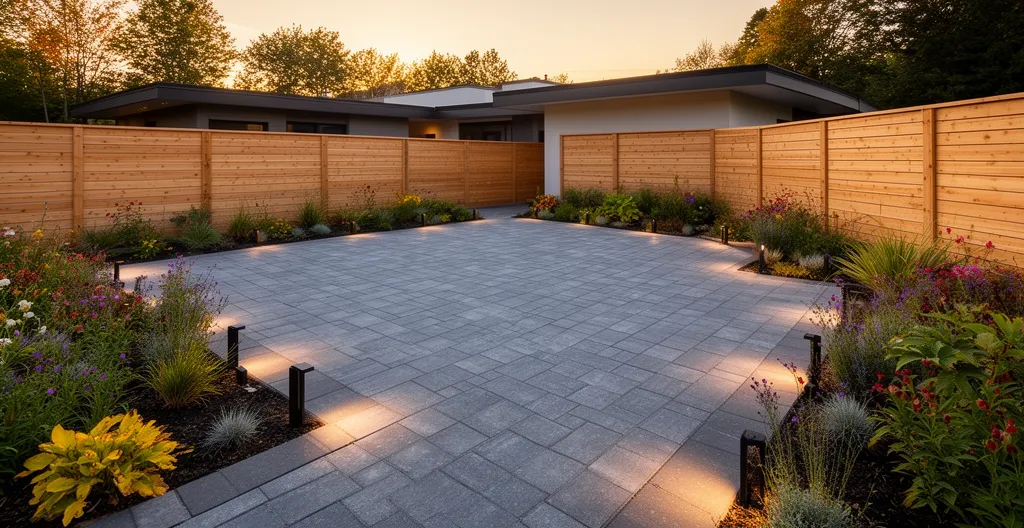 Aménagement paysager terminé avec terrasse en pavé style québécois contemporain