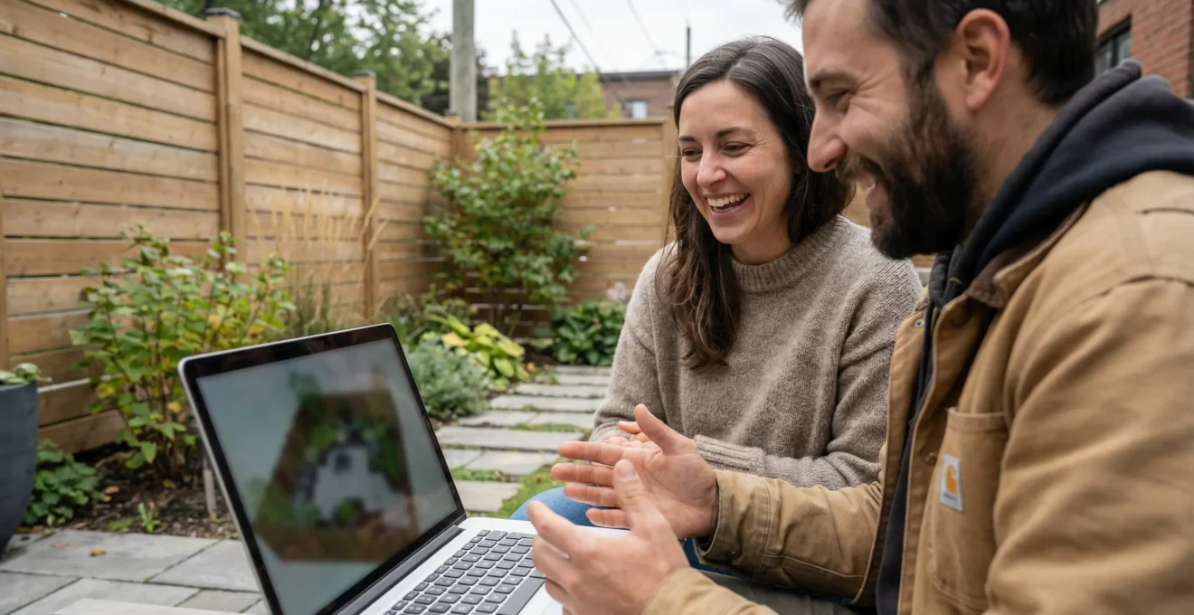 Paysagiste et propriétaire consultant une visualisation 3D d'aménagement extérieur