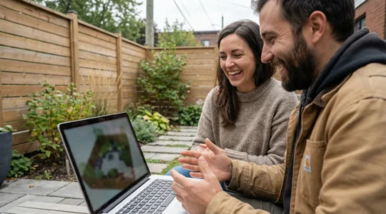 Paysagiste et propriétaire consultant une visualisation 3D d'aménagement extérieur