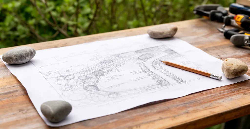 Plan 2D d'aménagement paysager sur table de travail extérieure