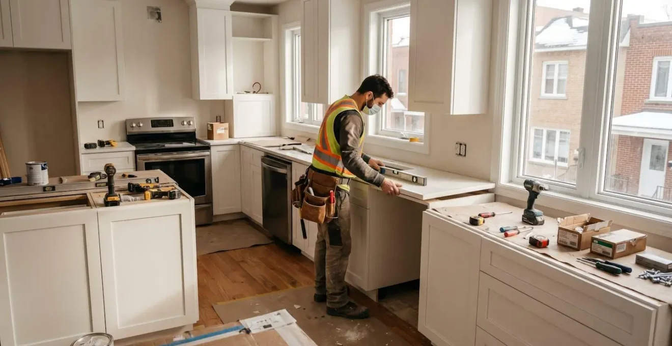 Chantier de rénovation de cuisine résidentielle à Montréal avec entrepreneur professionnel installant des armoires blanches modernes et comptoir de quartz, lumière naturelle et architecture typique montréalaise visible en arrière-plan