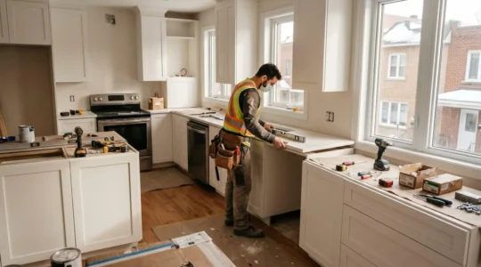 Chantier de rénovation de cuisine résidentielle à Montréal avec entrepreneur professionnel installant des armoires blanches modernes et comptoir de quartz, lumière naturelle et architecture typique montréalaise visible en arrière-plan