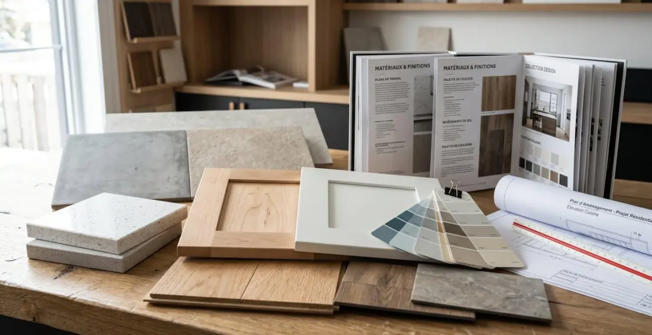 Échantillons de matériaux de rénovation haut de gamme disposés sur table de travail : comptoirs de quartz, portes d'armoires, carreaux de céramique et échantillons de plancher avec catalogues en français