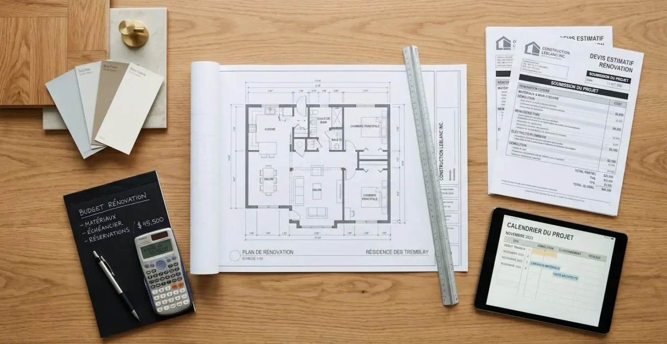 Planification budgétaire de rénovation avec devis d'entrepreneur, plans architecturaux, calculatrice et calendrier de projet disposés sur table de travail organisée, documents en français