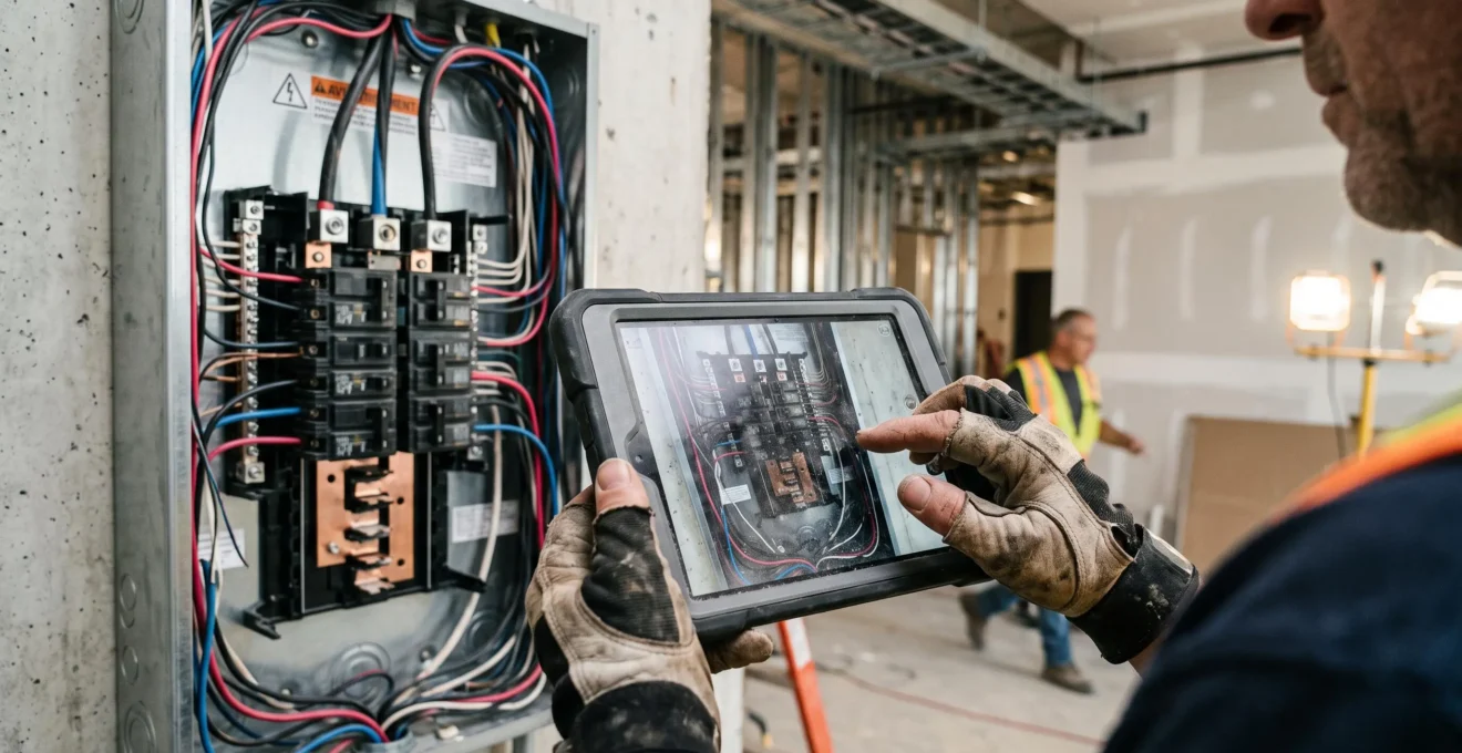 Mains d'un travailleur utilisant une tablette pour documenter un panneau électrique sur un chantier