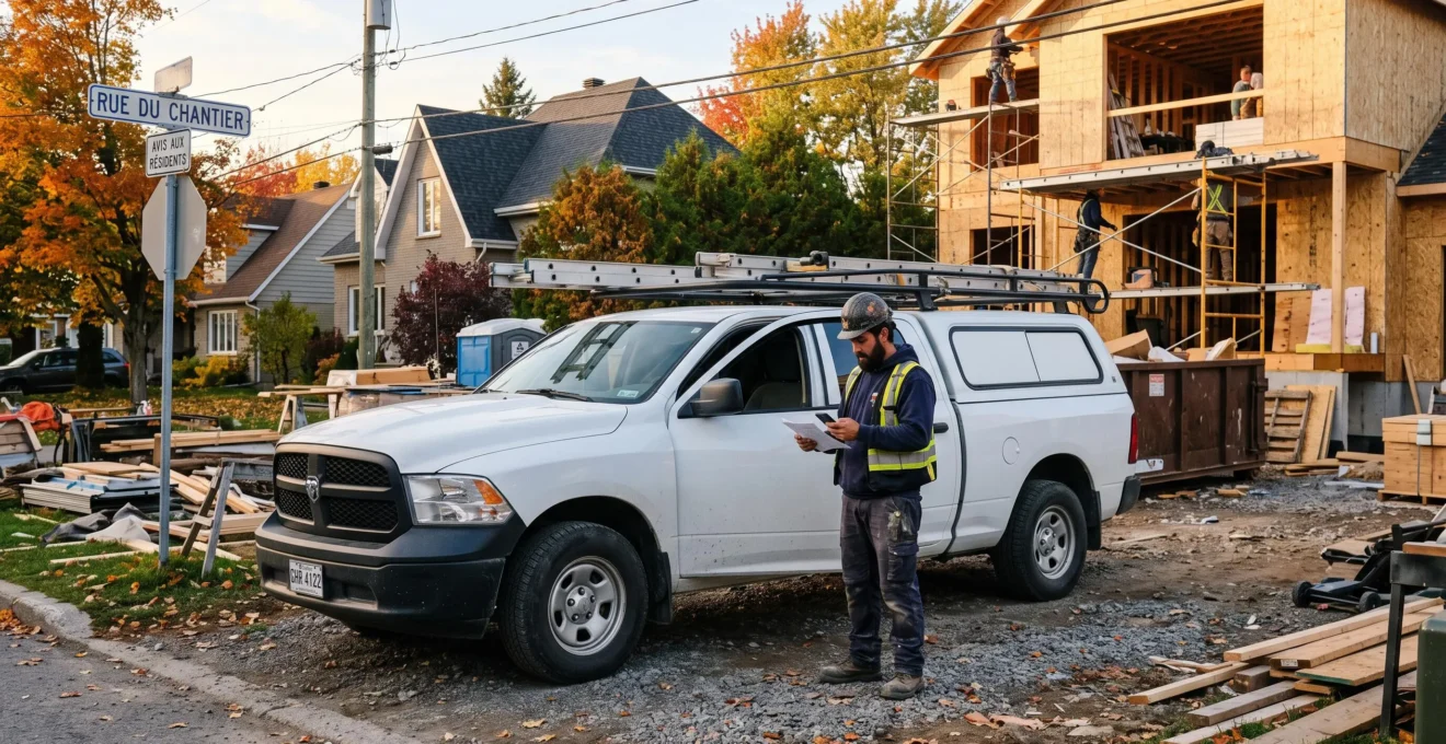 Superviseur de chantier consultant son téléphone près de son camion sur un site de construction résidentiel au Québec