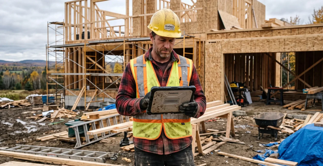 Travailleur de la construction consultant une tablette numérique sur un chantier résidentiel au Québec