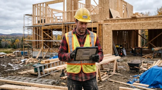 Travailleur de la construction consultant une tablette numérique sur un chantier résidentiel au Québec